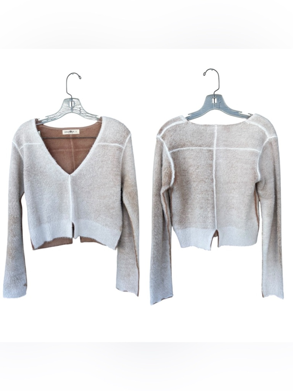 NATURAL LIFE Fuzzy V-Neck Sweater - Size Small - White & Beige - Picture 2 of 10